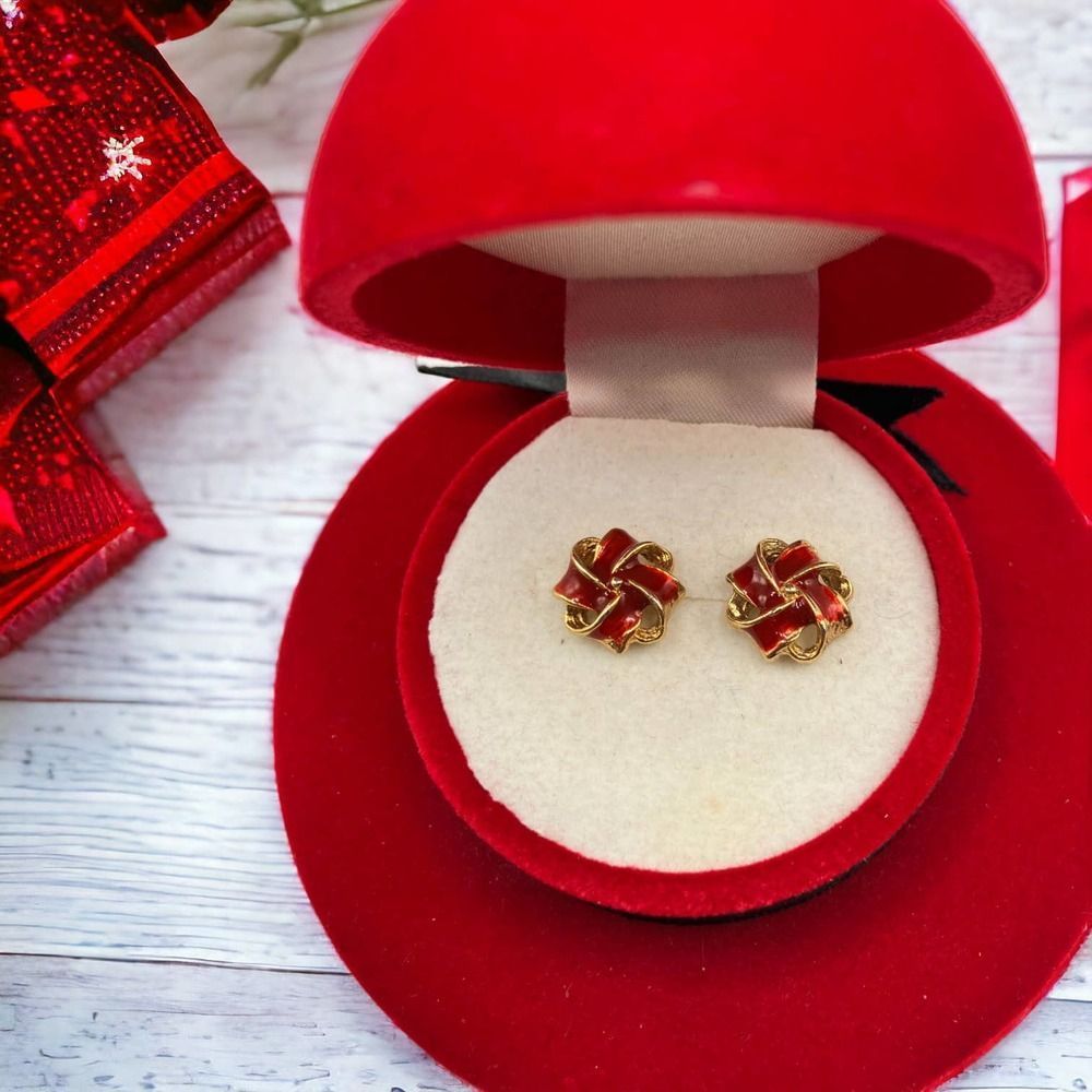 Gold-tone and red Christmas bow 1/2 Inch earrings!